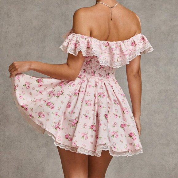 Pink Boho Women's Ditsy Floral Off-Shoulder Ruffled Lace Patchwork Mini Dress - Picture 2 of 7